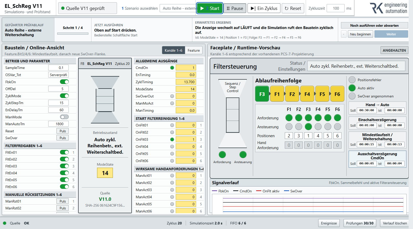 EL_SchReg-V11-Simulations- und Prüfstand mit Online-Ansicht, Filtersteuerungs-Faceplate und Signalverlauf