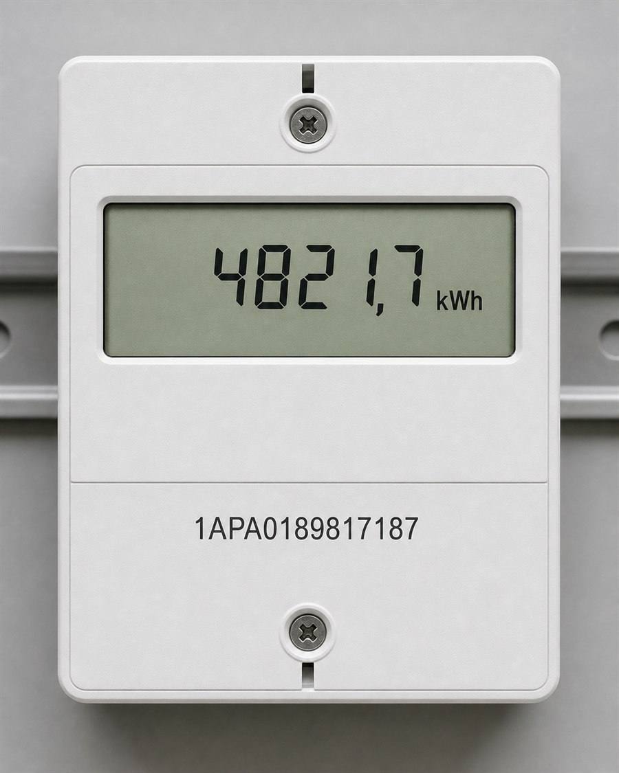 Synthetisches Testfoto eines digitalen Stromzählers mit 4821,7 Kilowattstunden und der Zählernummer 1APA0189817187