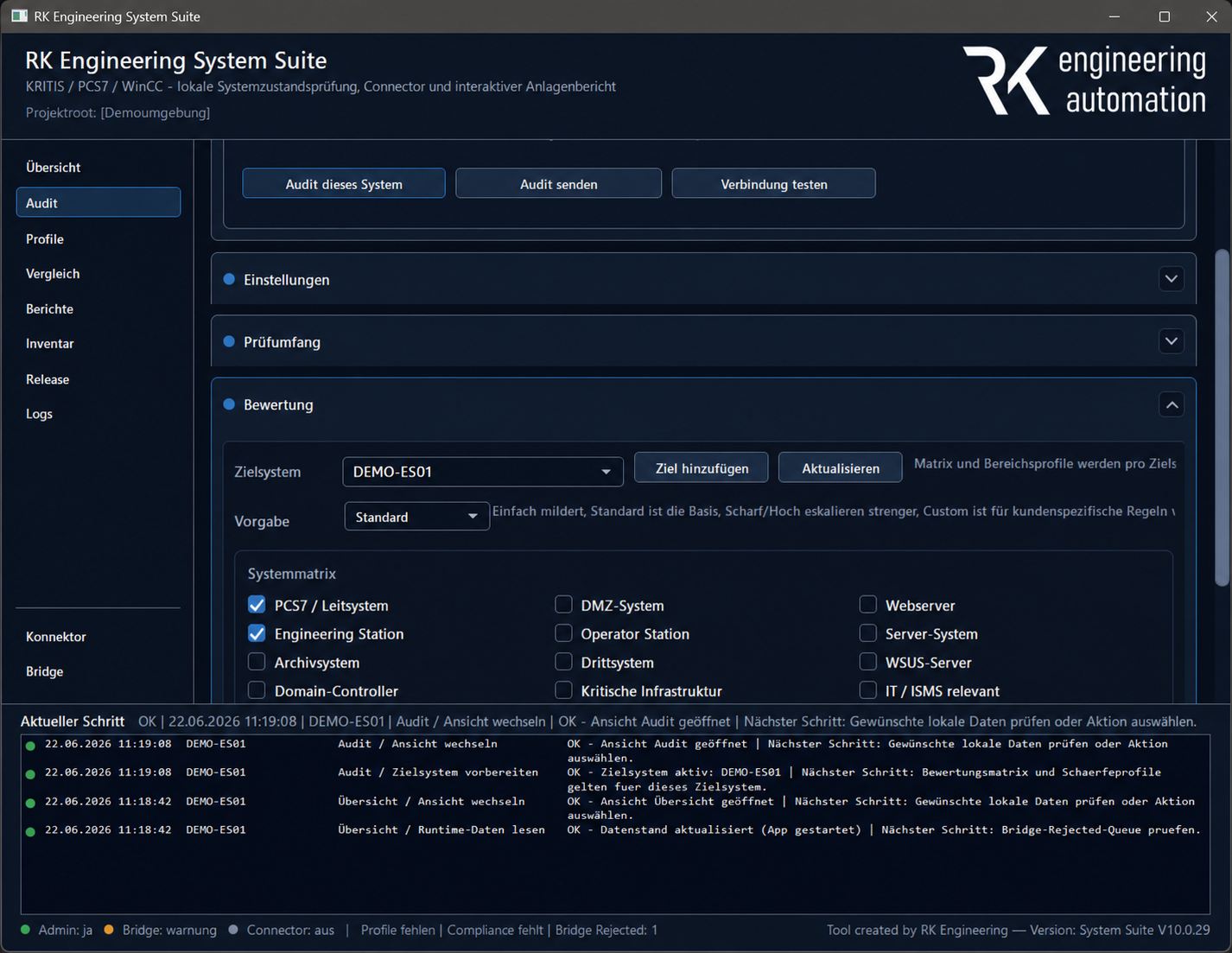 Originaloberfläche der RK System Suite Version 10