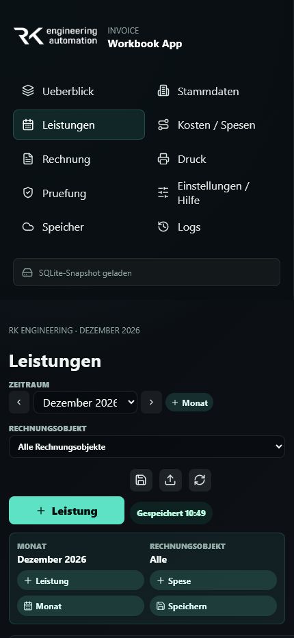 Mobile Leistungsansicht des Workbook Planners mit Projektwahl, Monat, Leistung und Spesen