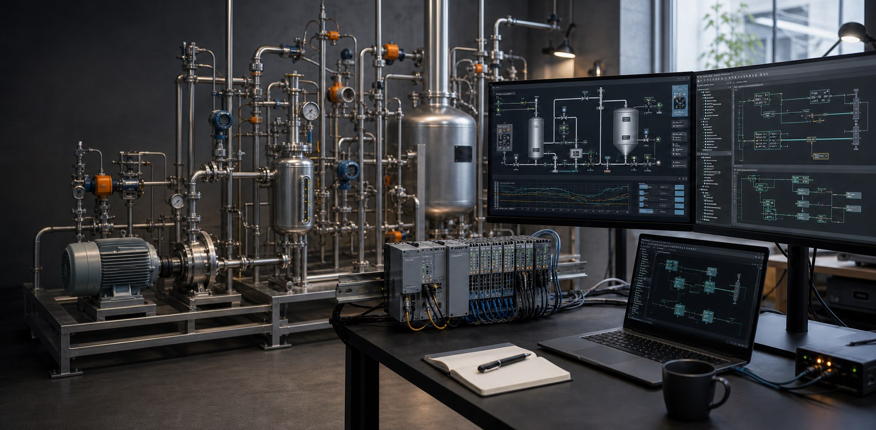 Programmierarbeitsplatz mit Prozessleitsystem, SPS-Hardware sowie verfahrenstechnischer Versuchsanlage mit Motor und Pumpe
